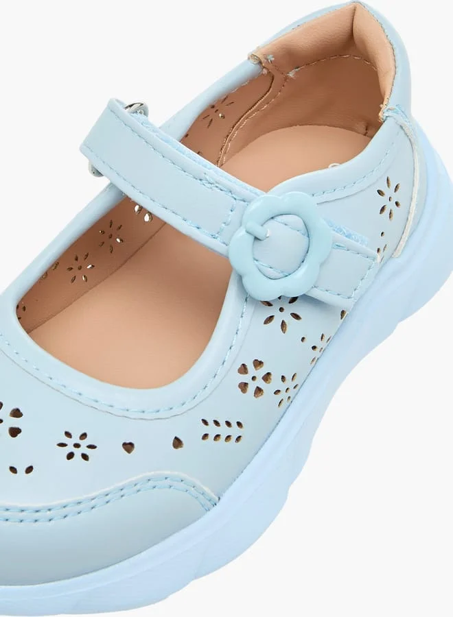 Barefeet Girls Laser Cut Detail Mary Jane Shoes with Hook and Loop Closure
