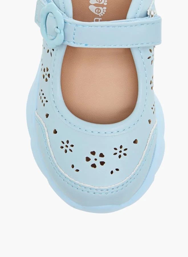 Barefeet Girls Laser Cut Detail Mary Jane Shoes with Hook and Loop Closure