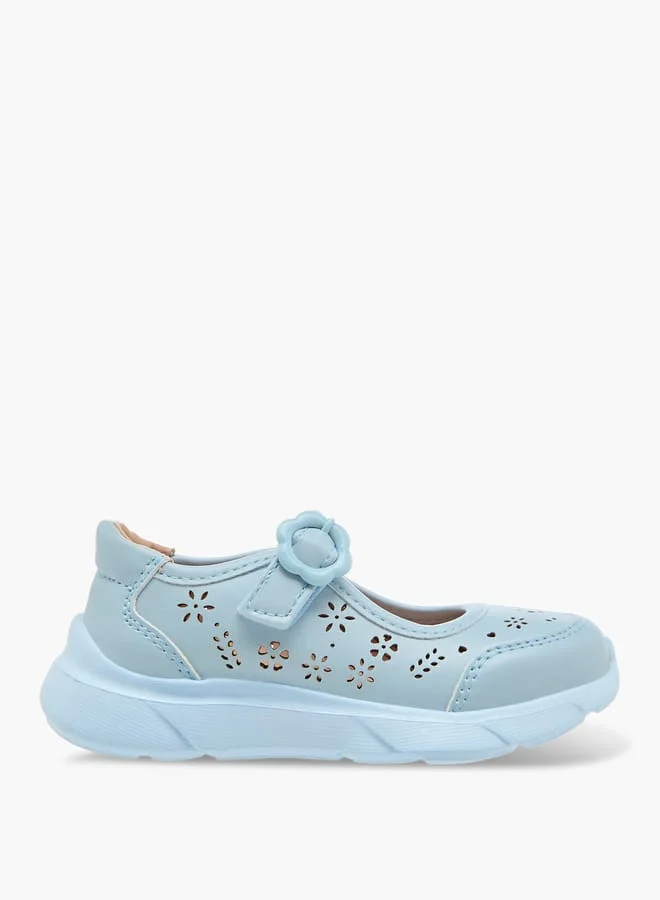 Barefeet Girls Laser Cut Detail Mary Jane Shoes with Hook and Loop Closure