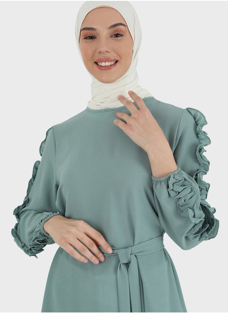 Tavin by Modanisa - Lettuce Sleeve Tie Detail Tunic - Image 1