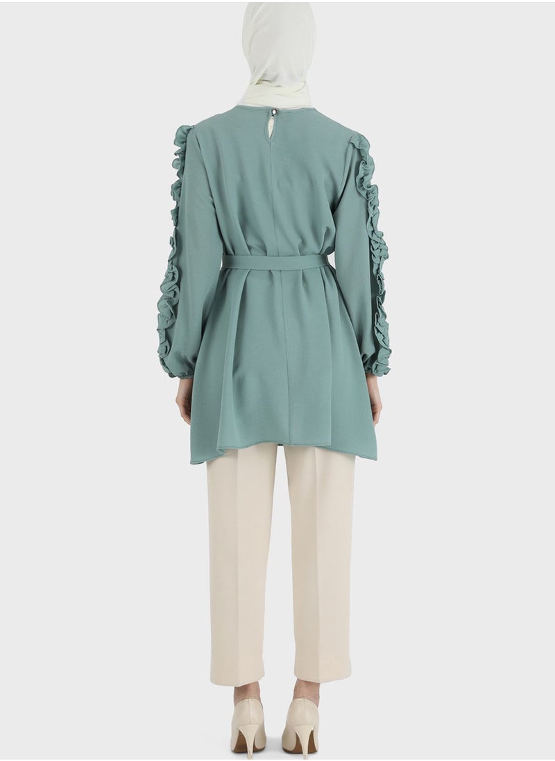 Tavin by Modanisa - Lettuce Sleeve Tie Detail Tunic - Image 1