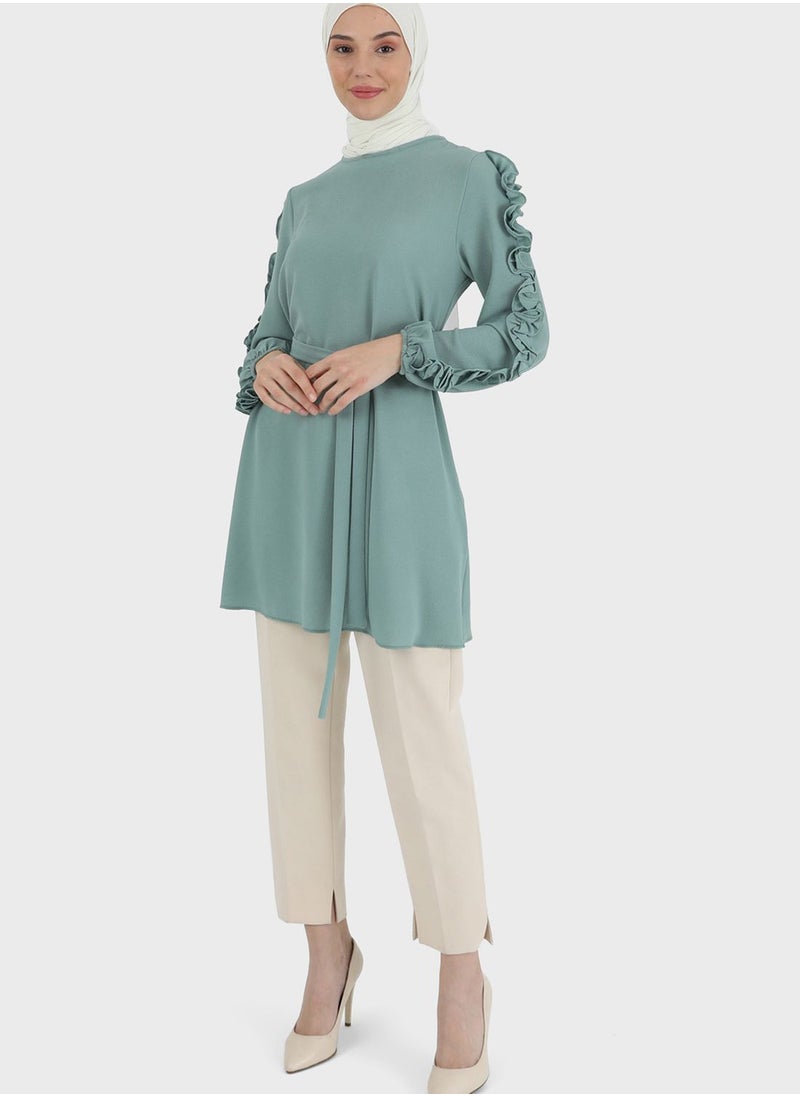 Tavin by Modanisa - Lettuce Sleeve Tie Detail Tunic - Image 1
