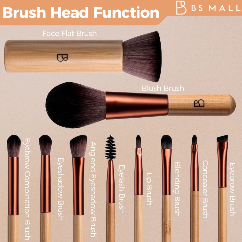 BS Mall BS-MALL 10 Pcs Professional Bamboo Makeup Brush Set - Travel-friendly Eyeshadow Brush, Concealer Brush & Foundation Brush For Liquid Makeup - Lightweight Multi-purpose Daily Use With Makeup Bag - Image 2