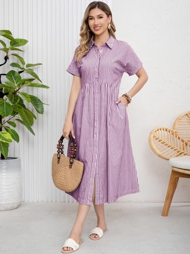 ebossy Women's Boho Striped Shirt Dress Button Up Side Slit Loose Mid Long Cotton Dress with Pockets (S, Purple) - Image 3