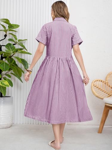 ebossy Women's Boho Striped Shirt Dress Button Up Side Slit Loose Mid Long Cotton Dress with Pockets (S, Purple) - Image 5