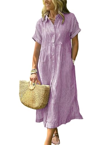 ebossy Women's Boho Striped Shirt Dress Button Up Side Slit Loose Mid Long Cotton Dress with Pockets (S, Purple) - Image 1