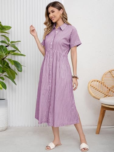 ebossy Women's Boho Striped Shirt Dress Button Up Side Slit Loose Mid Long Cotton Dress with Pockets (S, Purple) - Image 4