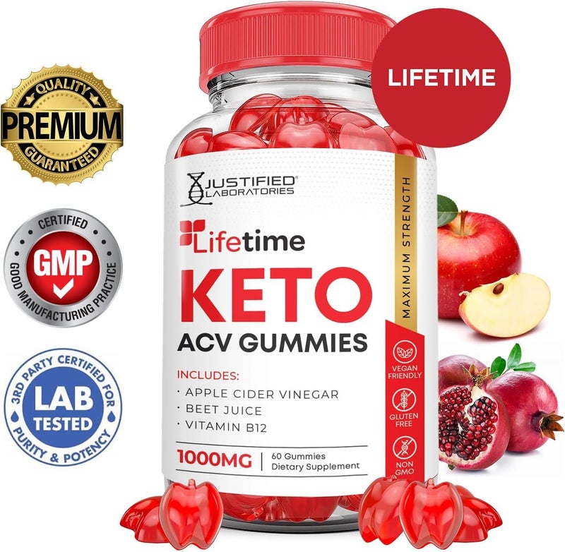 Justified Laboratories 2 Pack Lifetime Keto ACV Gummies Advanced Formula 1000MG Lifetime Keto Gummies Apple Cider Vinegar Formulated with Pomegranate Beet Juice Powder B12 Vegan Non GMO 120 Gummys - Image 3