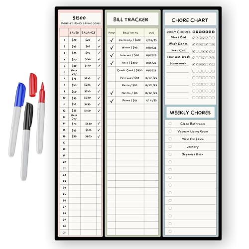 Sunsella Magnetic Dry Erase Budget Planner and Bill Organizer | 10" x 14" Whiteboard Calendar for Wall or Fridge | Monthly Bill Tracker, Chore Chart, and Family Organizer | Dry Erasable Markers Included - Image 1