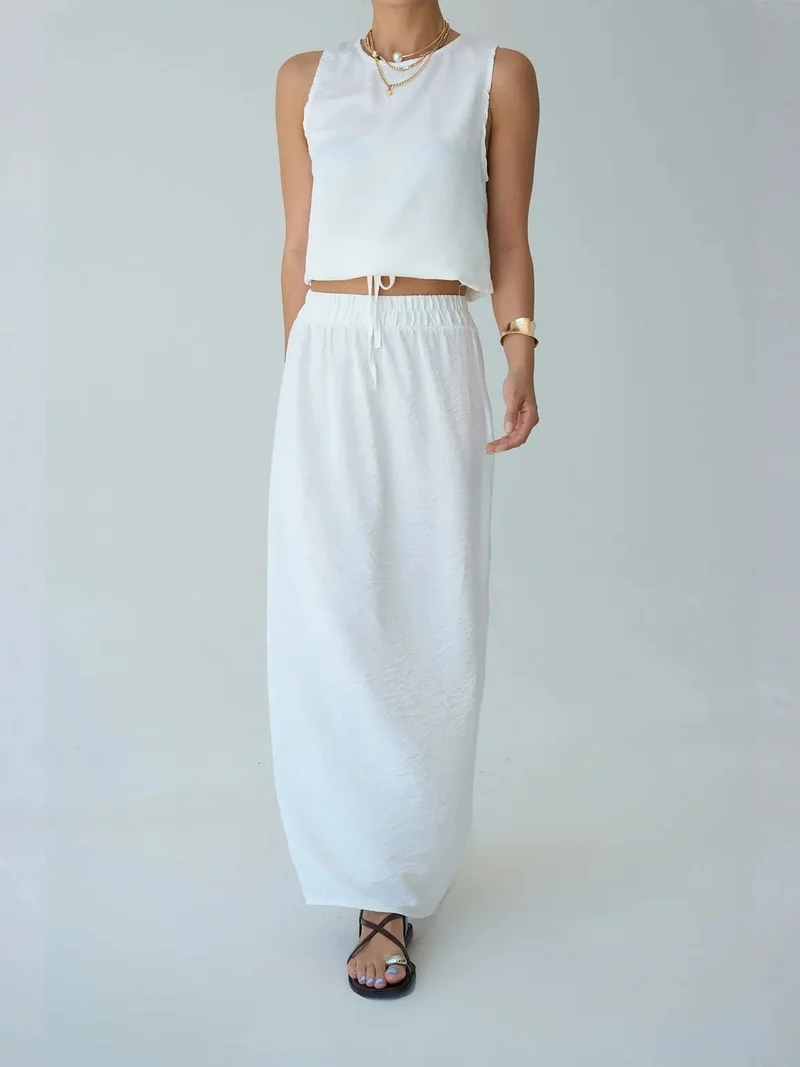 Qustyle QU STYLE Sleeveless Textured Blouse and Wide-Leg Skirt Set