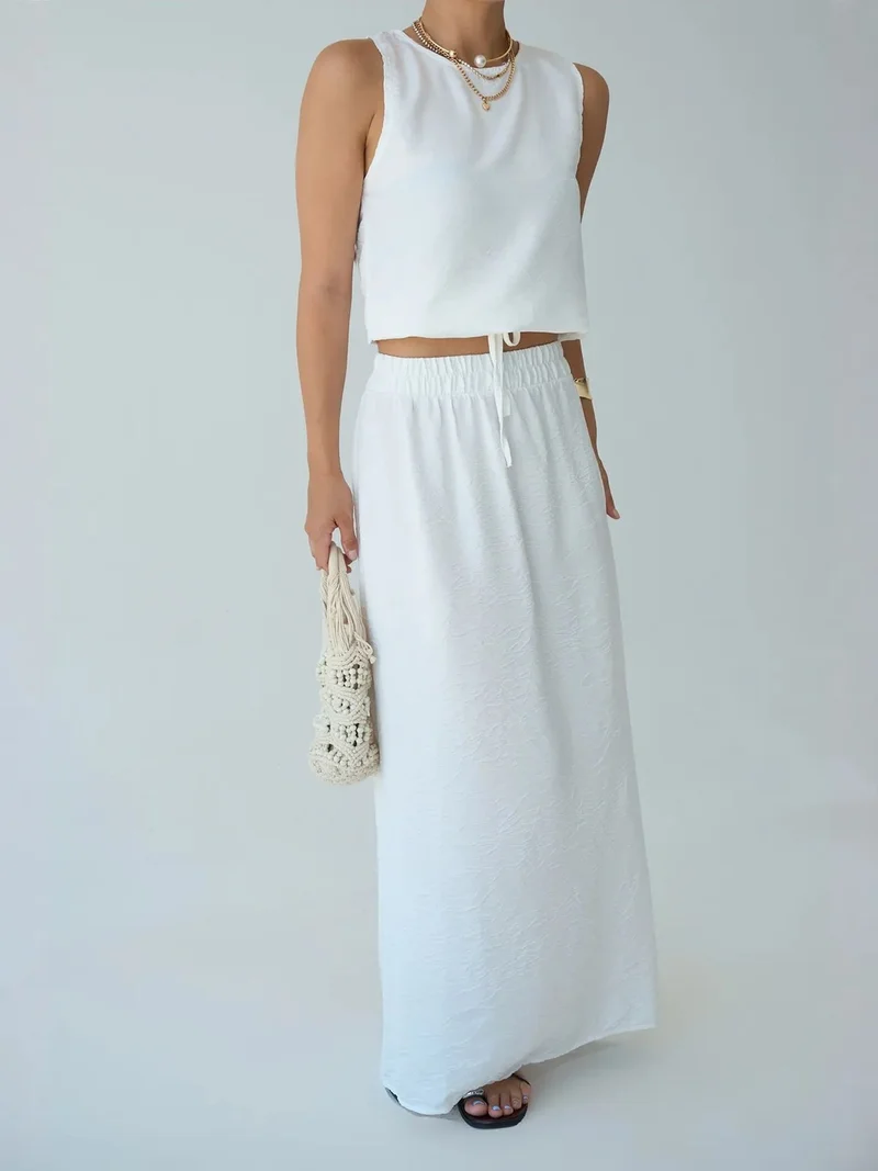 Qustyle QU STYLE Sleeveless Textured Blouse and Wide-Leg Skirt Set