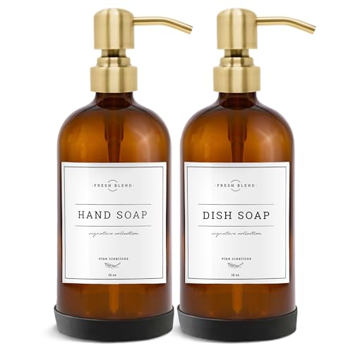 Vine Creations Amber Glass Soap Dispenser, 2 Pack Kitchen Soap Dispenser Set with Stainless Steel Pump, 16 oz Hand Soap and Dish Soap Dispensers for Kitchen or Bathroom with Waterproof Labels - Image 1