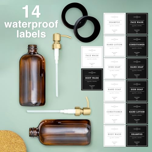 Vine Creations Amber Glass Soap Dispenser, 2 Pack Kitchen Soap Dispenser Set with Stainless Steel Pump, 16 oz Hand Soap and Dish Soap Dispensers for Kitchen or Bathroom with Waterproof Labels - Image 5