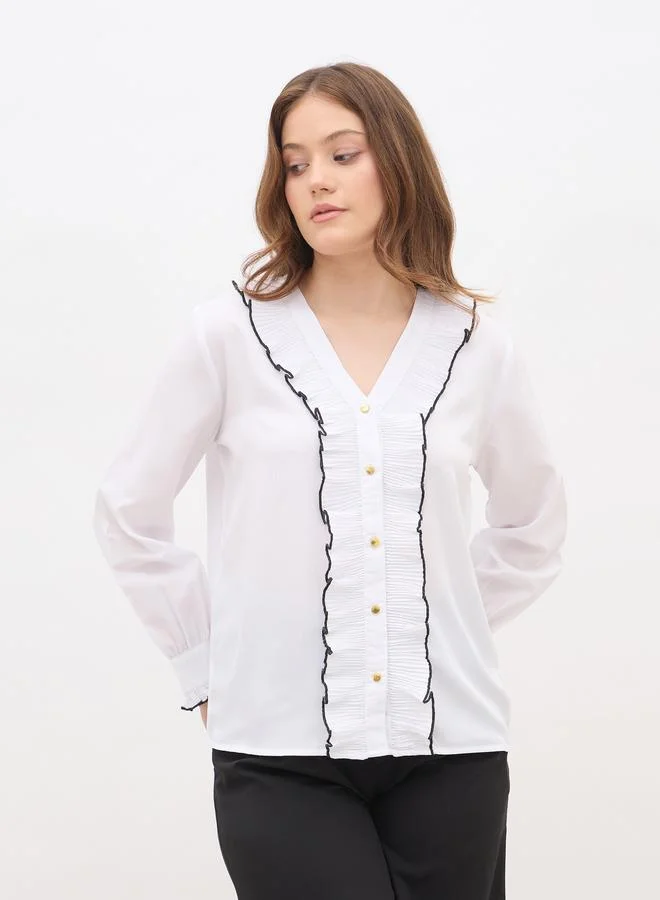 ستايلي Styli Pleated Ruffle Detail Regular Fit Shirt