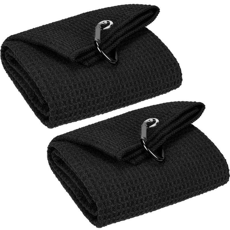 VIVIDLY VIVIDLY 2 Pack 16 x 24 Trifold Golf Towels Premium Microfiber Fabric Waffle Pattern Carabiner Clip Black Golf Towels for Men