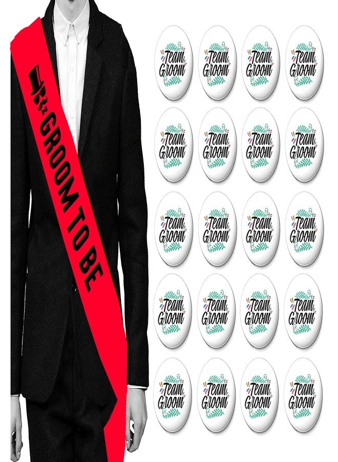 Hubops Groom to be sash with 20 pcs Team Groom pin Badge for Party Decoration Combo Pack (red Combo) - Image 1