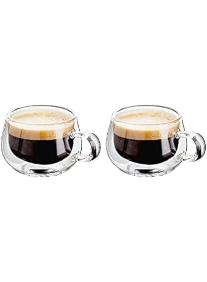 Double Walled Glass Small Coffee Cups with Handle, Set of 2 Hollow Vacuum Sealed 75ml Espresso Cup, Hand Made, Heat Resistant  - Image 1