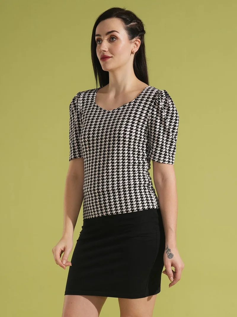 globus Globus Women Houndstooth Print Sweetheart Neck Puff Sleeves Workwear Top
