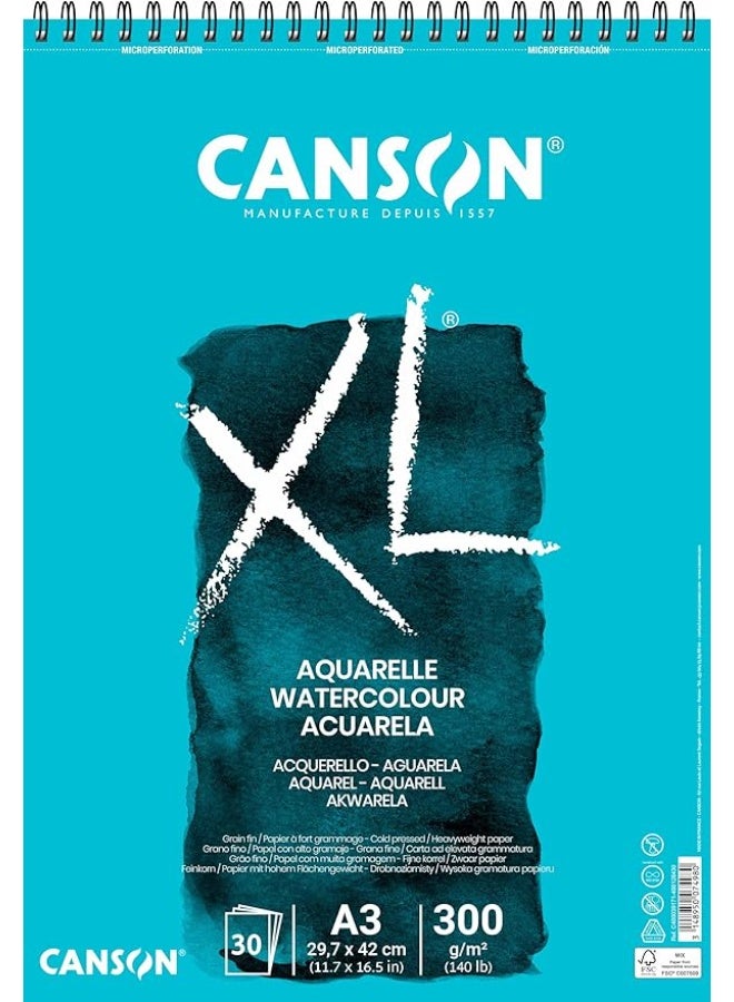 CANSON 30 Sheets  XL Watercolour 300gsm A4 Paper Cold Pressed Spiral Pad Short Side White Ideal for Professional Artists - Image 1
