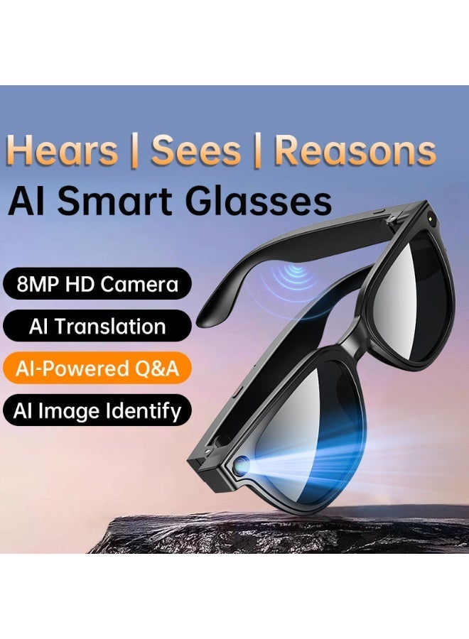 Smart Wearable Glasses, Stylish Design 39g Ultra-light for Comfortable Wearing, 8MP HD Anti-shake Camera for Photo/Video/Recording, WIFI Transfer to Phone, IP65 Waterproof Dustproof, Dual Mic Noise Reduction for Calls, Low-power Jerry+Allwinner Chip 280mAh Long Battery, AI Voice Wake-up/Object Recognition/Q&A/Translation, Bluetooth Call/Music Control, Wear Detection, Customizable Sunglass/Blue Light/Photochromic/Myopia Lenses, Optimized Heat Dissipation - Image 2