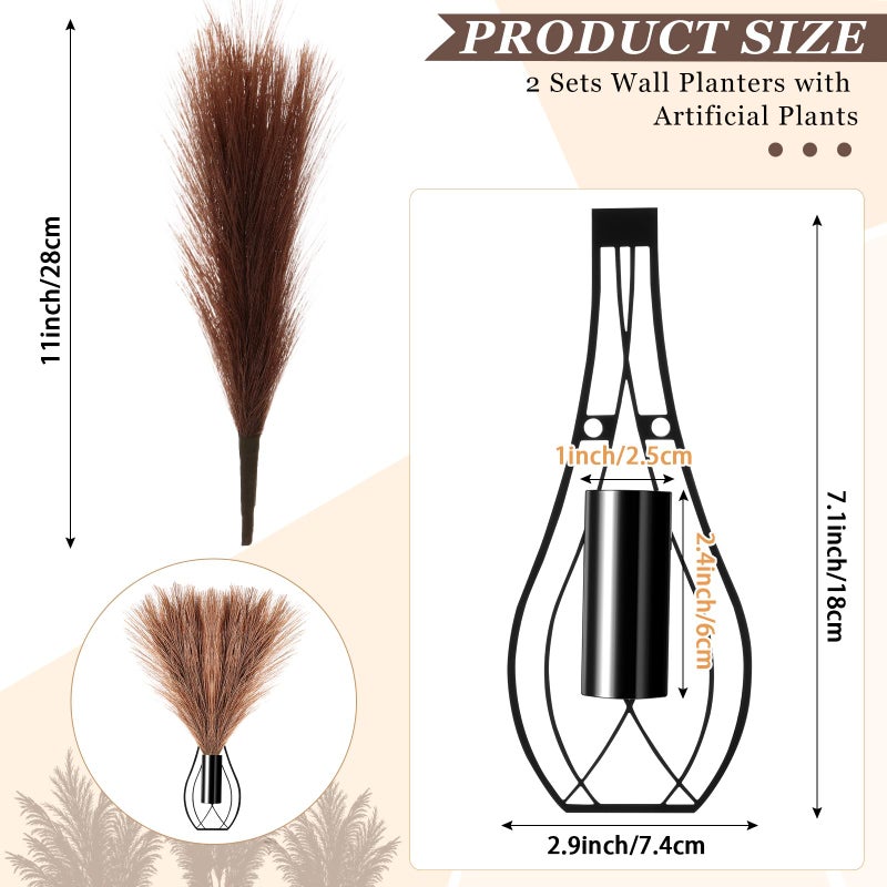 Otoolling 2 Pieces Hanging Plant Wall Decor with Artificial Pampas Grass Metal Hanging Vase Modern Geometric Farmhouse Bohemian Wall Art for Living Room Bedroom Kitchen Bathroom Office(Black, Brown) - Image 2