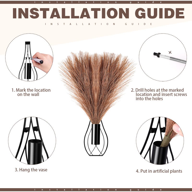 Otoolling 2 Pieces Hanging Plant Wall Decor with Artificial Pampas Grass Metal Hanging Vase Modern Geometric Farmhouse Bohemian Wall Art for Living Room Bedroom Kitchen Bathroom Office(Black, Brown) - Image 3