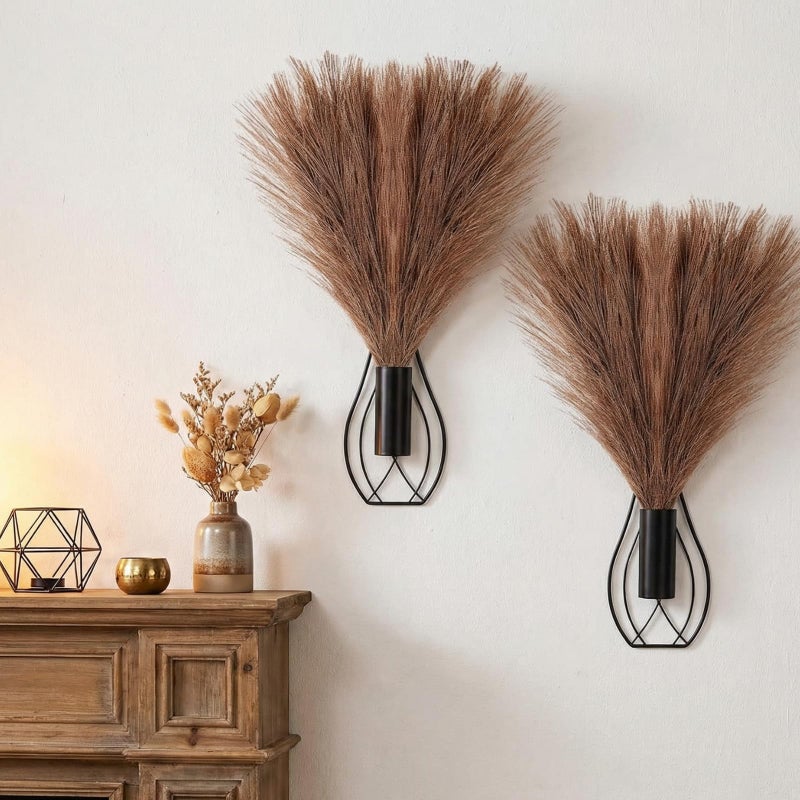Otoolling 2 Pieces Hanging Plant Wall Decor with Artificial Pampas Grass Metal Hanging Vase Modern Geometric Farmhouse Bohemian Wall Art for Living Room Bedroom Kitchen Bathroom Office(Black, Brown) - Image 1