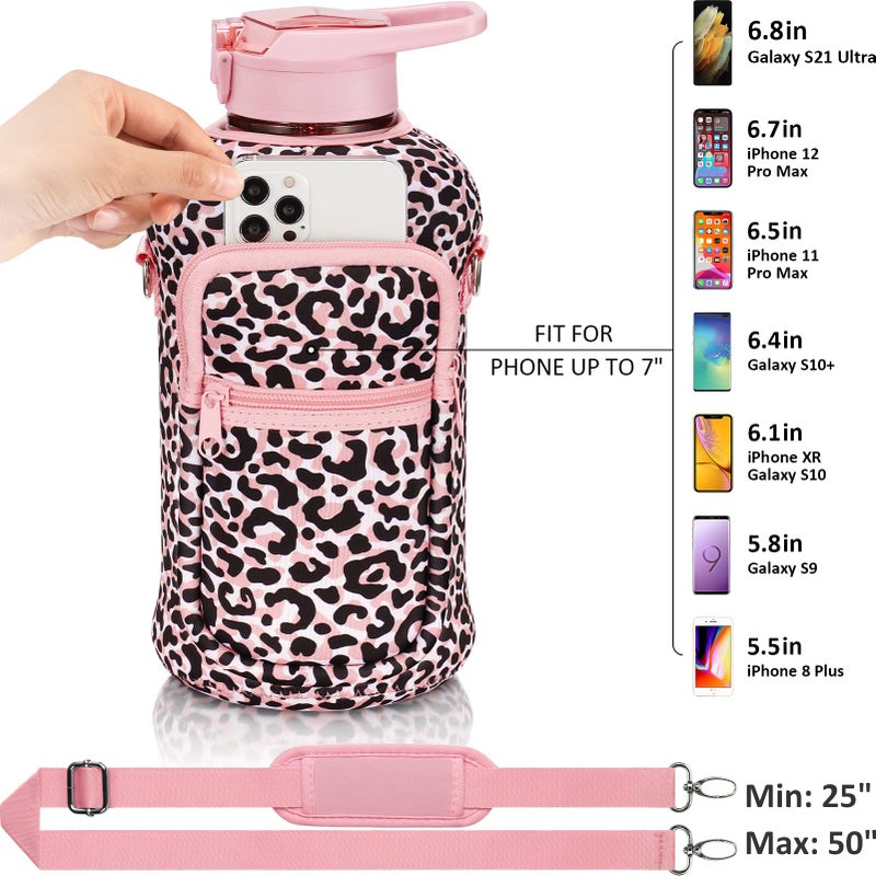 Fimibuke Half Gallon Water Bottle with Sleeve 64 OZ Water Bottle with Handle & Straw Leakproof Motivational Sports Gym Water Bottle with Time Marker Water Jug with Neoprene Holder - Pink Leopard - Image 2