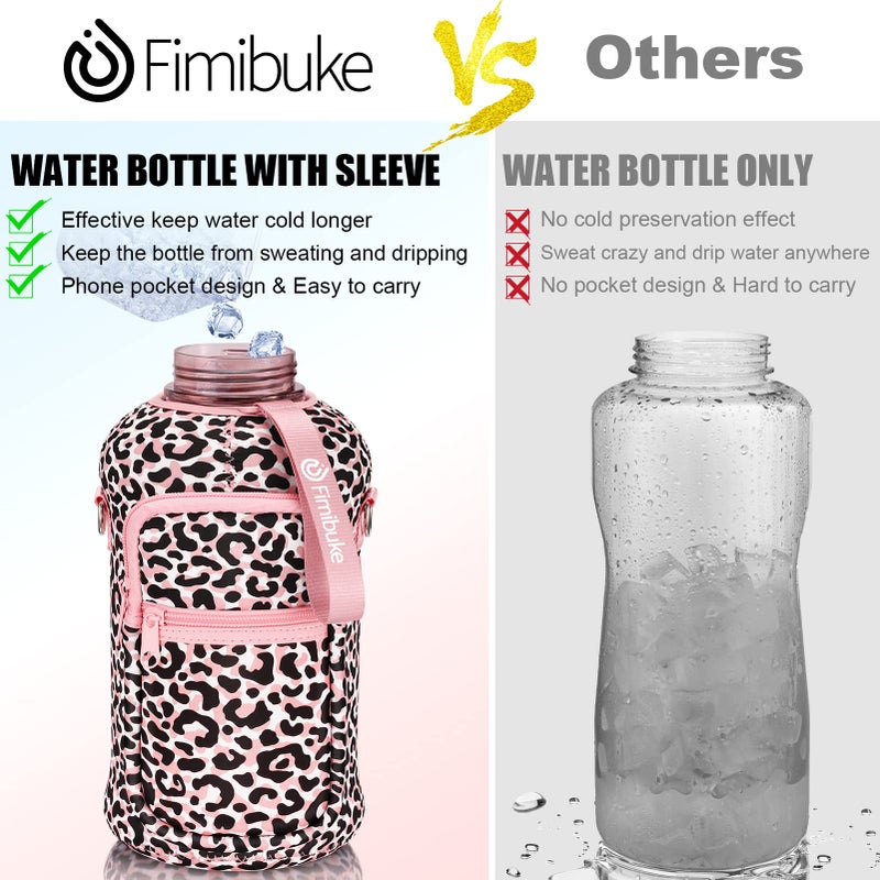 Fimibuke Half Gallon Water Bottle with Sleeve 64 OZ Water Bottle with Handle & Straw Leakproof Motivational Sports Gym Water Bottle with Time Marker Water Jug with Neoprene Holder - Pink Leopard - Image 3