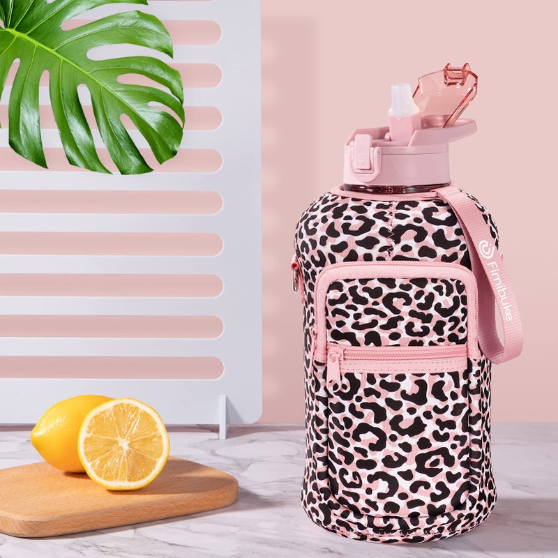 Fimibuke Half Gallon Water Bottle with Sleeve 64 OZ Water Bottle with Handle & Straw Leakproof Motivational Sports Gym Water Bottle with Time Marker Water Jug with Neoprene Holder - Pink Leopard - Image 4