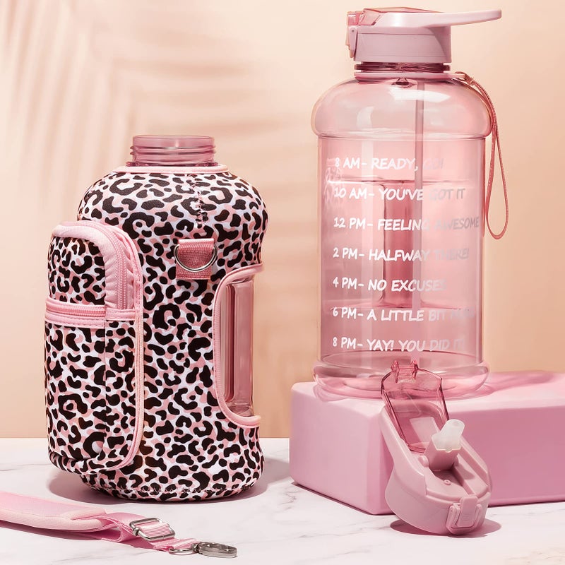 Fimibuke Half Gallon Water Bottle with Sleeve 64 OZ Water Bottle with Handle & Straw Leakproof Motivational Sports Gym Water Bottle with Time Marker Water Jug with Neoprene Holder - Pink Leopard - Image 5