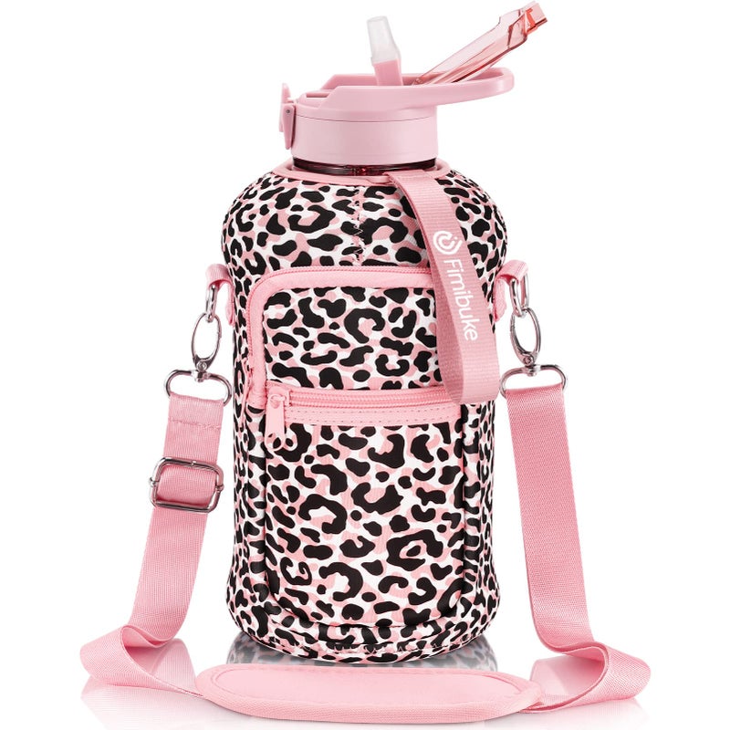 Fimibuke Half Gallon Water Bottle with Sleeve 64 OZ Water Bottle with Handle & Straw Leakproof Motivational Sports Gym Water Bottle with Time Marker Water Jug with Neoprene Holder - Pink Leopard - Image 1