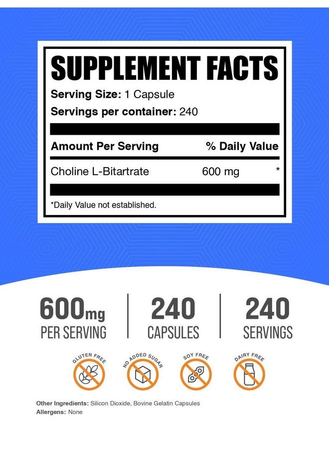 BulkSupplements.com Choline Bitartrate Capsules - Choline Supplements, as Choline L-Bitartrate - Choline 600mg, 2 Capsules per Serving, 240 Capsules (Pack of 1)