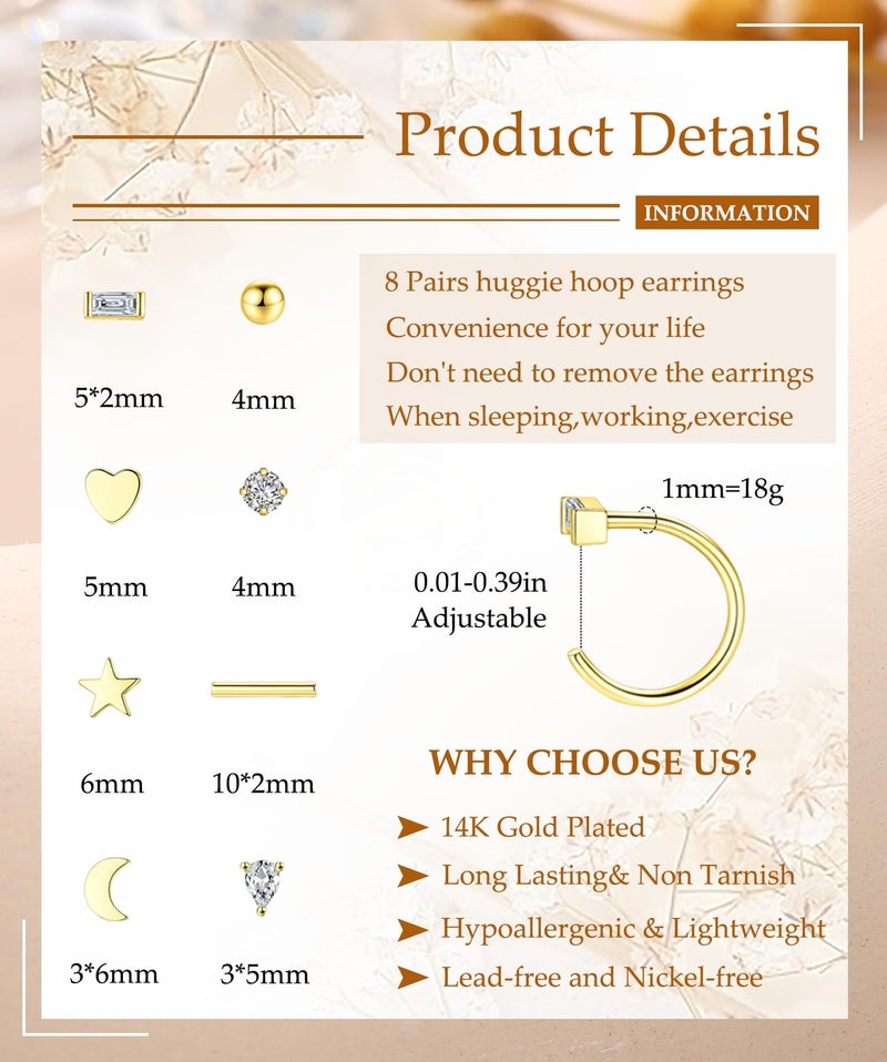 SAMOCO 8pcs Backless Huggie Half Hoop Earrings for Women 14K Gold Helix Open Hugging Earring Set with CZ Heart Star Bar Dot Ball Half Hoops Tiny Cartilage Piercing Earrings - Image 3