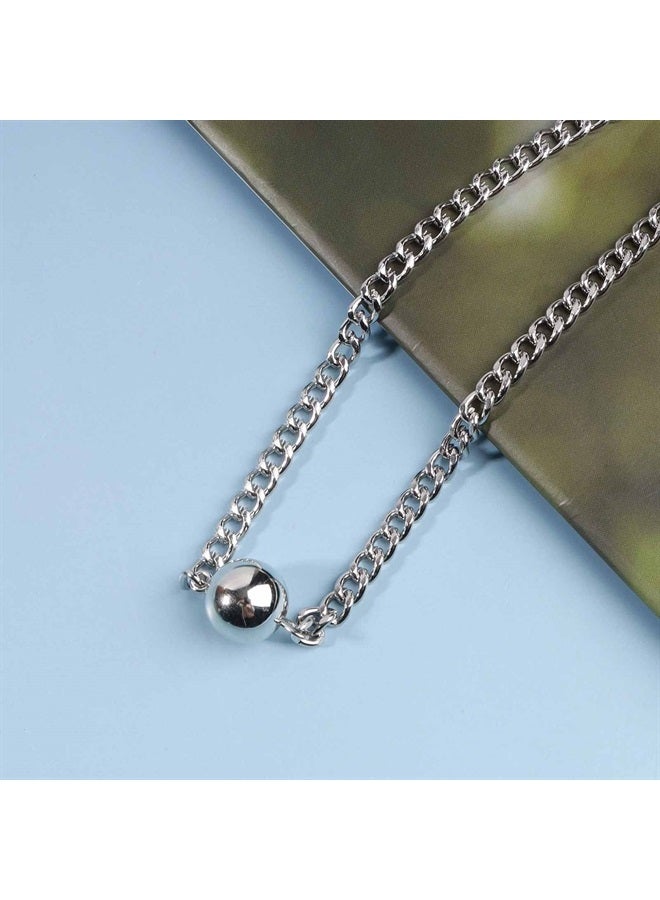 Yheakne Boho Curb Chain Necklace Choker Silver Bead Pendant Necklace Vintage Single Floating Ball Necklace Punk Minimalist Necklace Chain Jewelry for Women and Girls - Image 3