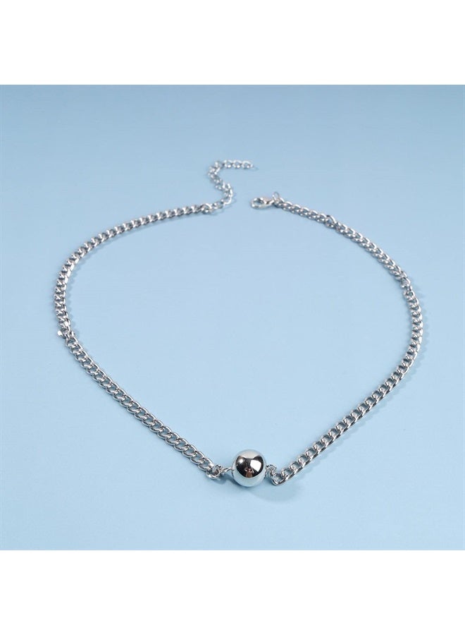 Yheakne Boho Curb Chain Necklace Choker Silver Bead Pendant Necklace Vintage Single Floating Ball Necklace Punk Minimalist Necklace Chain Jewelry for Women and Girls - Image 2