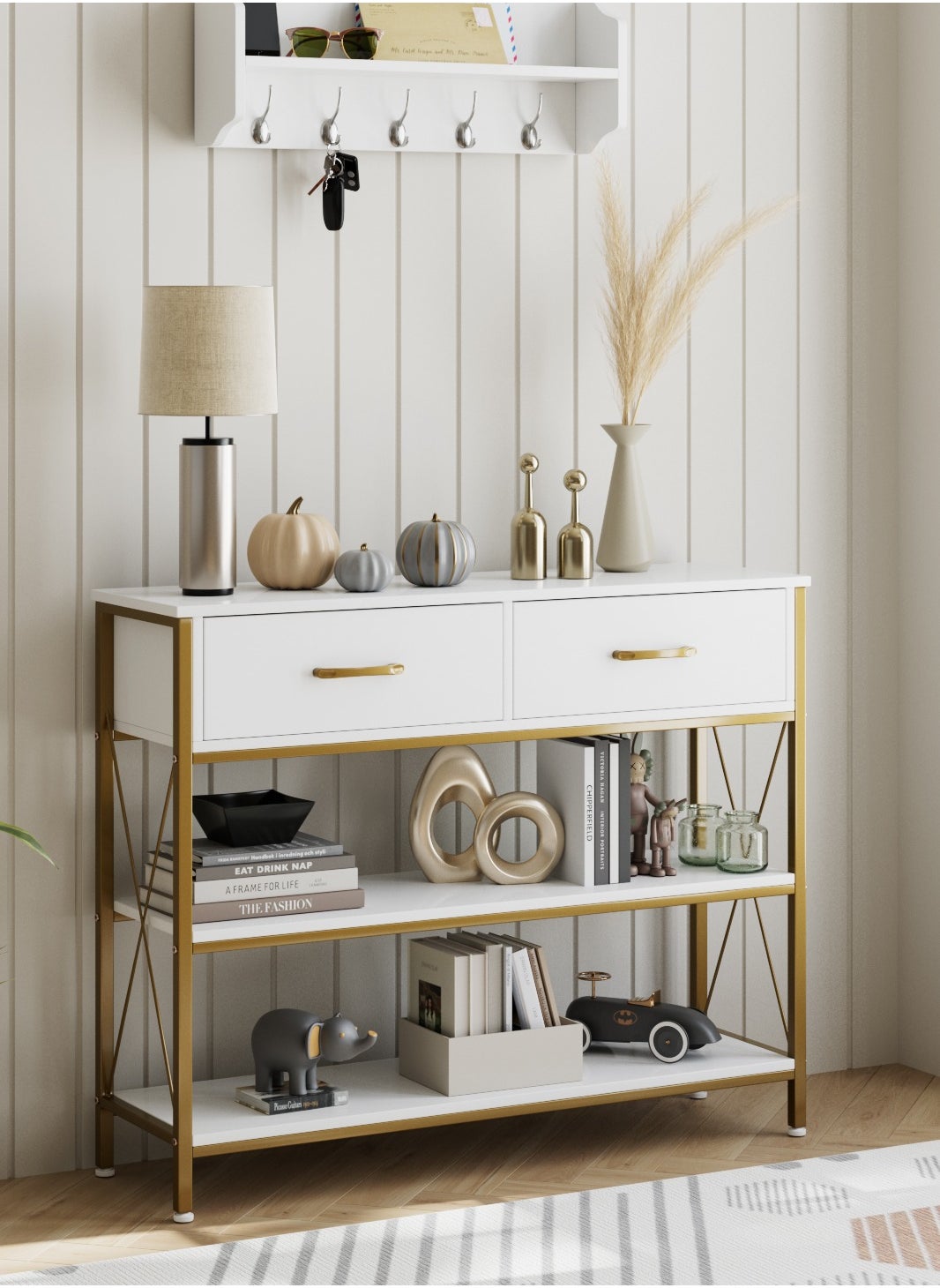 JANTENS Console Table With Drawers Sofa Table White/Gold 100X30X81 Cm 