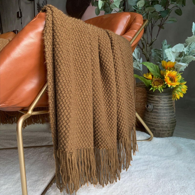 LOMAO Knitted Throw Blanket with Tassels Bubble Textured Soft Blanket Lightweight Warm Throws for Couch Cover Home Decor (Khaki, 50x60) - Image 3