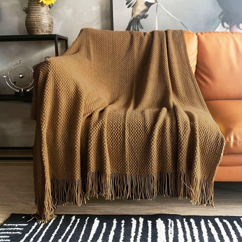 LOMAO Knitted Throw Blanket with Tassels Bubble Textured Soft Blanket Lightweight Warm Throws for Couch Cover Home Decor (Khaki, 50x60) - Image 1