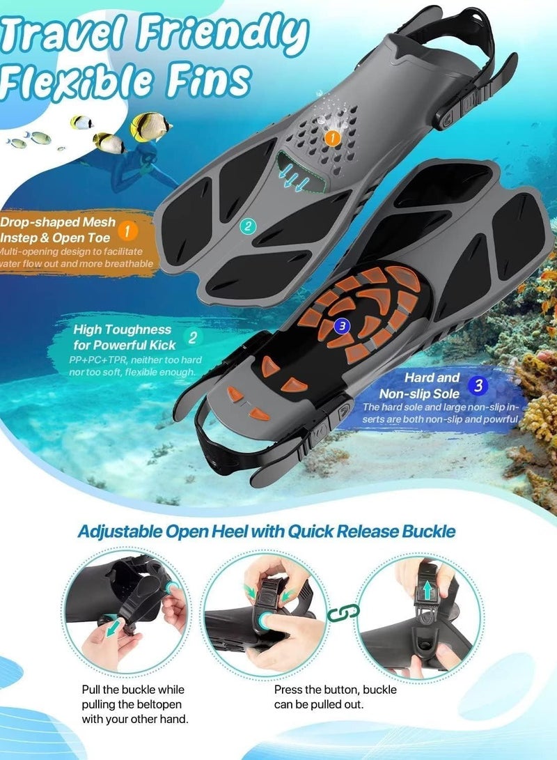 تراسل طقم قناع زعانف غطس للكبار رجال نساء، نظارات سباحة بانورامية مضادة للضباب ومضادة للتسرب من الأعلى، طقم زعانف غطس جاف وزعانف غوص مع حقيبة معدات للغطس والسباحة والغوص - Image 2