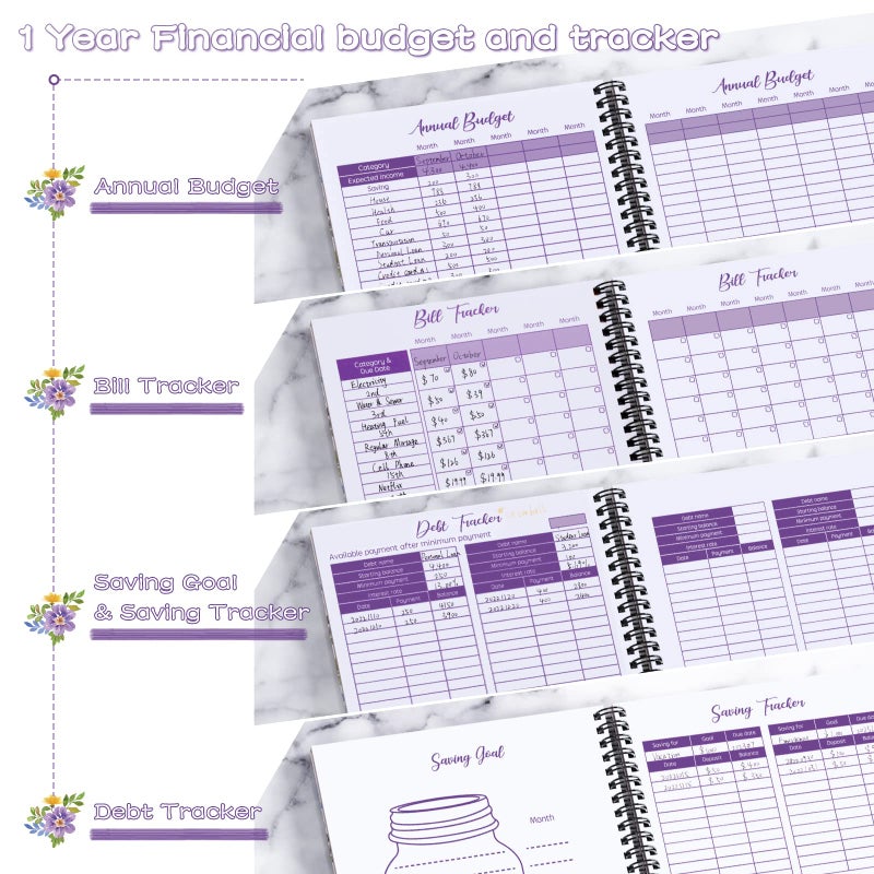 SOLIGT [Undated] Monthly Budget Planner with 12 Bill Pockets for Income, Debt, Saving, Expense and Bill Tracker Organizer, Pink, Floral Design - Image 3