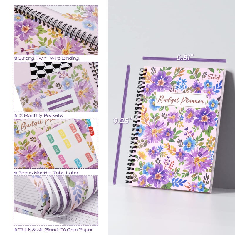 SOLIGT [Undated] Monthly Budget Planner with 12 Bill Pockets for Income, Debt, Saving, Expense and Bill Tracker Organizer, Pink, Floral Design - Image 2