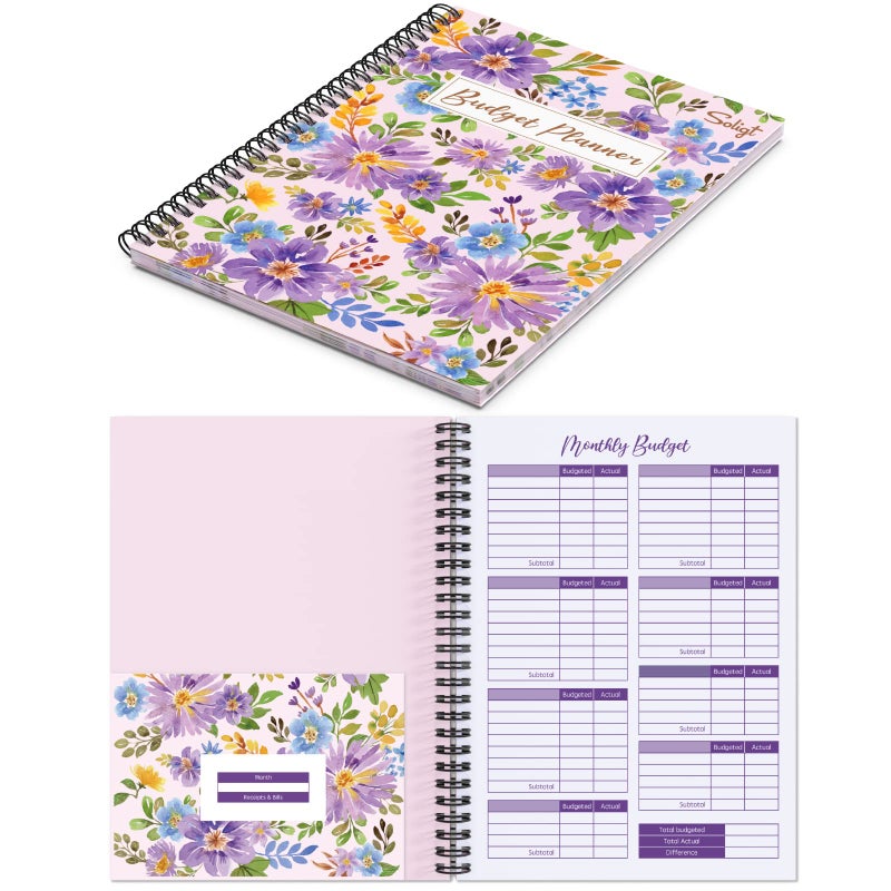 SOLIGT [Undated] Monthly Budget Planner with 12 Bill Pockets for Income, Debt, Saving, Expense and Bill Tracker Organizer, Pink, Floral Design - Image 1