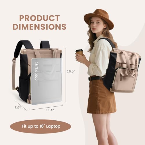 GOLF QUALITY Convertible Daypack Laptop Backpack for Women Men Carry on Tote Backpack Bookbag for College Work Nurse Travel16InchChampagne Brown Black - Image 3