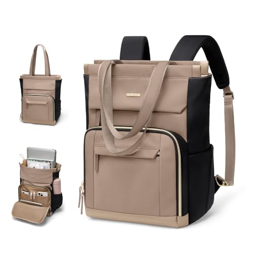 GOLF QUALITY Convertible Daypack Laptop Backpack for Women Men Carry on Tote Backpack Bookbag for College Work Nurse Travel16InchChampagne Brown Black - Image 1