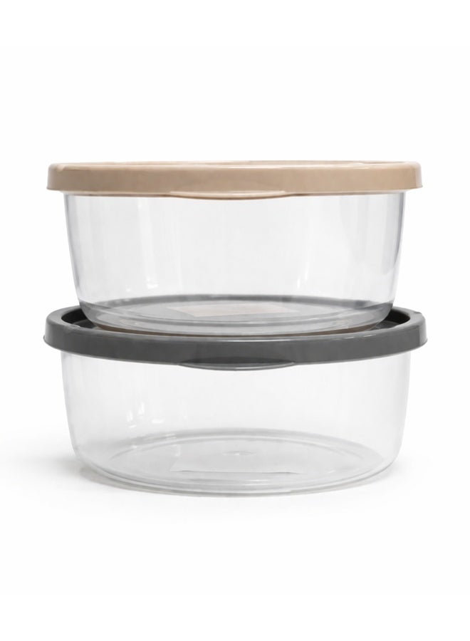 2pc Round Airtight Food Storage Set – Stackable Small Meal Prep Containers – Leak-Proof Clear Plastic Bins with Neutral Tan & Grey Lids - Image 3
