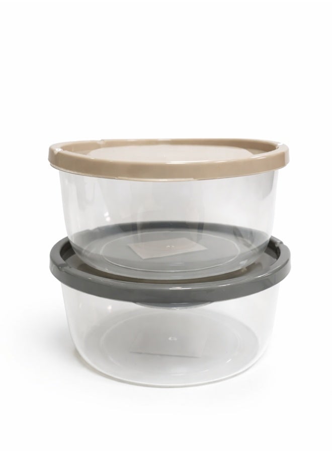 2pc Round Airtight Food Storage Set – Stackable Small Meal Prep Containers – Leak-Proof Clear Plastic Bins with Neutral Tan & Grey Lids - Image 1