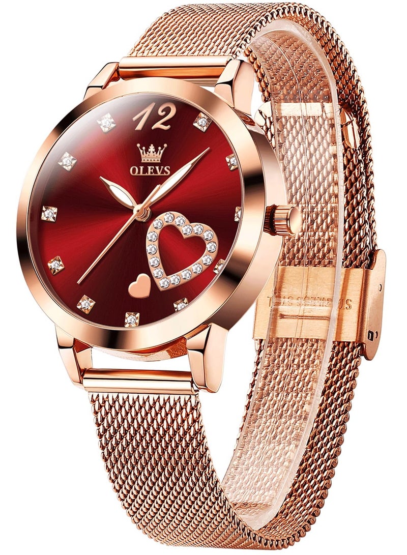 أوليفز ساعة يد نسائية صغيرة من الذهب الوردي مع قرص على شكل قلب من الألماس بأرقام عربية أنيقة مقاومة للماء بسوار شبكي وساعة رسمية تناظرية للنساء - Image 1