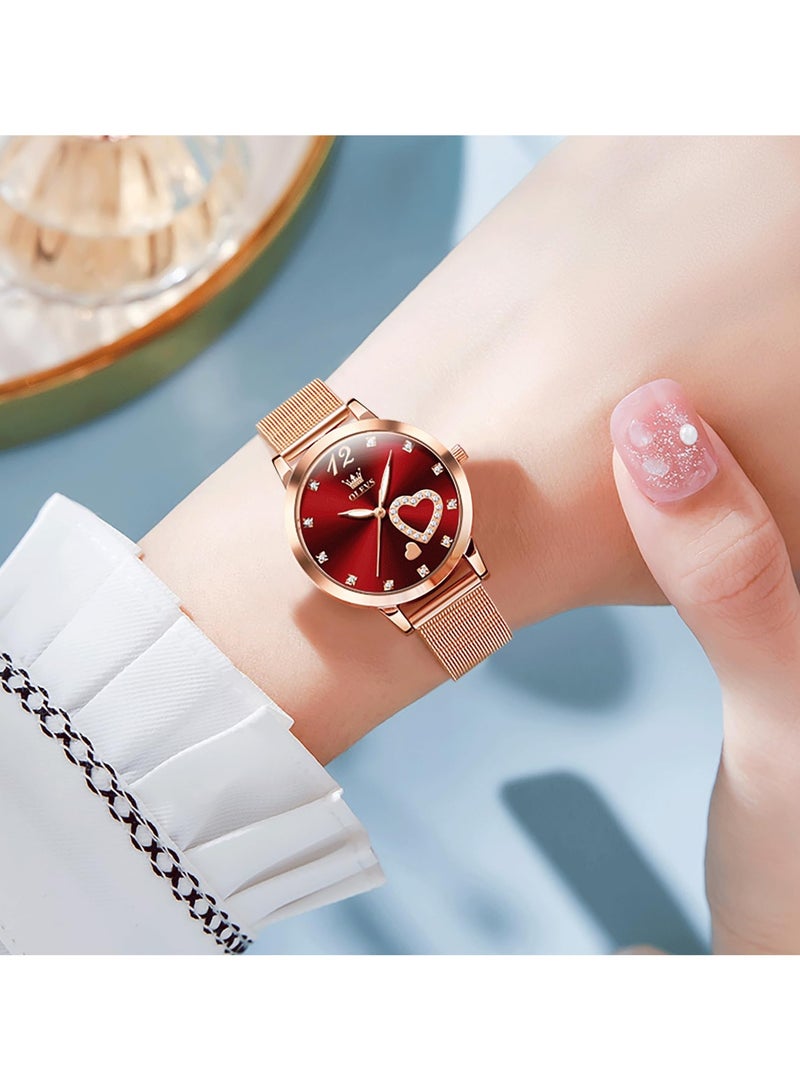 أوليفز ساعة يد نسائية صغيرة من الذهب الوردي مع قرص على شكل قلب من الألماس بأرقام عربية أنيقة مقاومة للماء بسوار شبكي وساعة رسمية تناظرية للنساء - Image 2