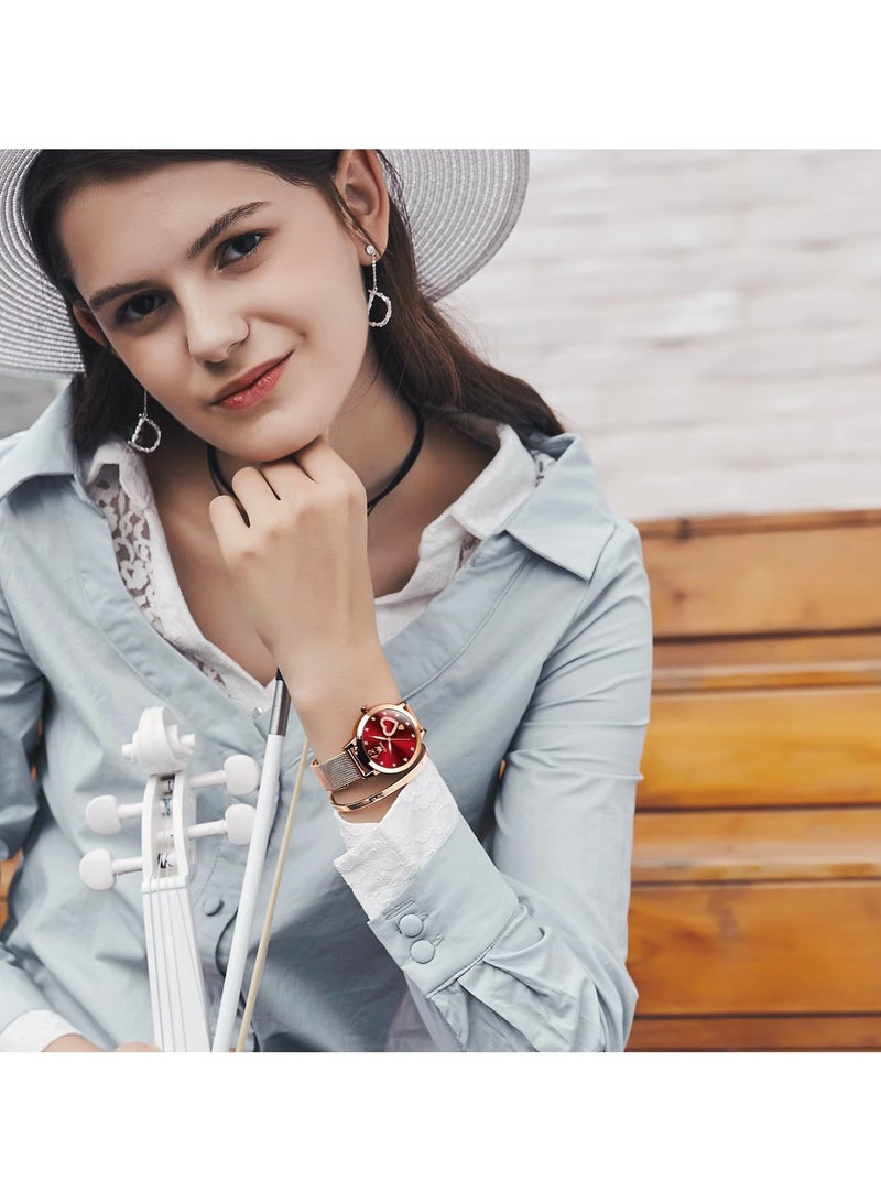 أوليفز ساعة يد نسائية صغيرة من الذهب الوردي مع قرص على شكل قلب من الألماس بأرقام عربية أنيقة مقاومة للماء بسوار شبكي وساعة رسمية تناظرية للنساء - Image 3